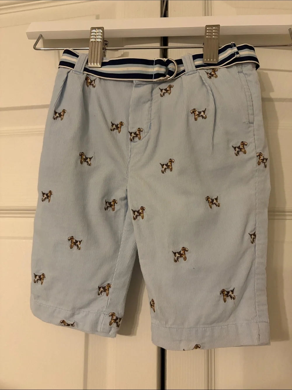 Ralph Lauren Light Blue Corduroy Embroidered Dog Shorts with Stripe Belt-9 Month